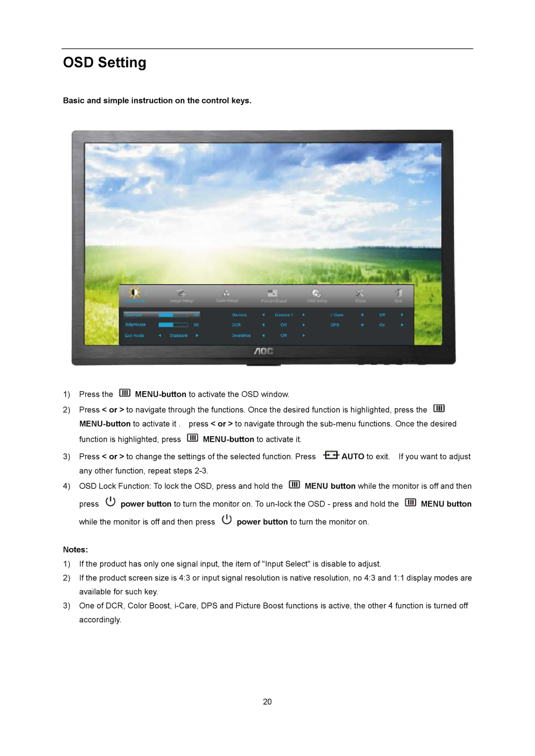 AOC G2460Pqu user manual OSD Setting, Basic and simple instruction on the control keys 