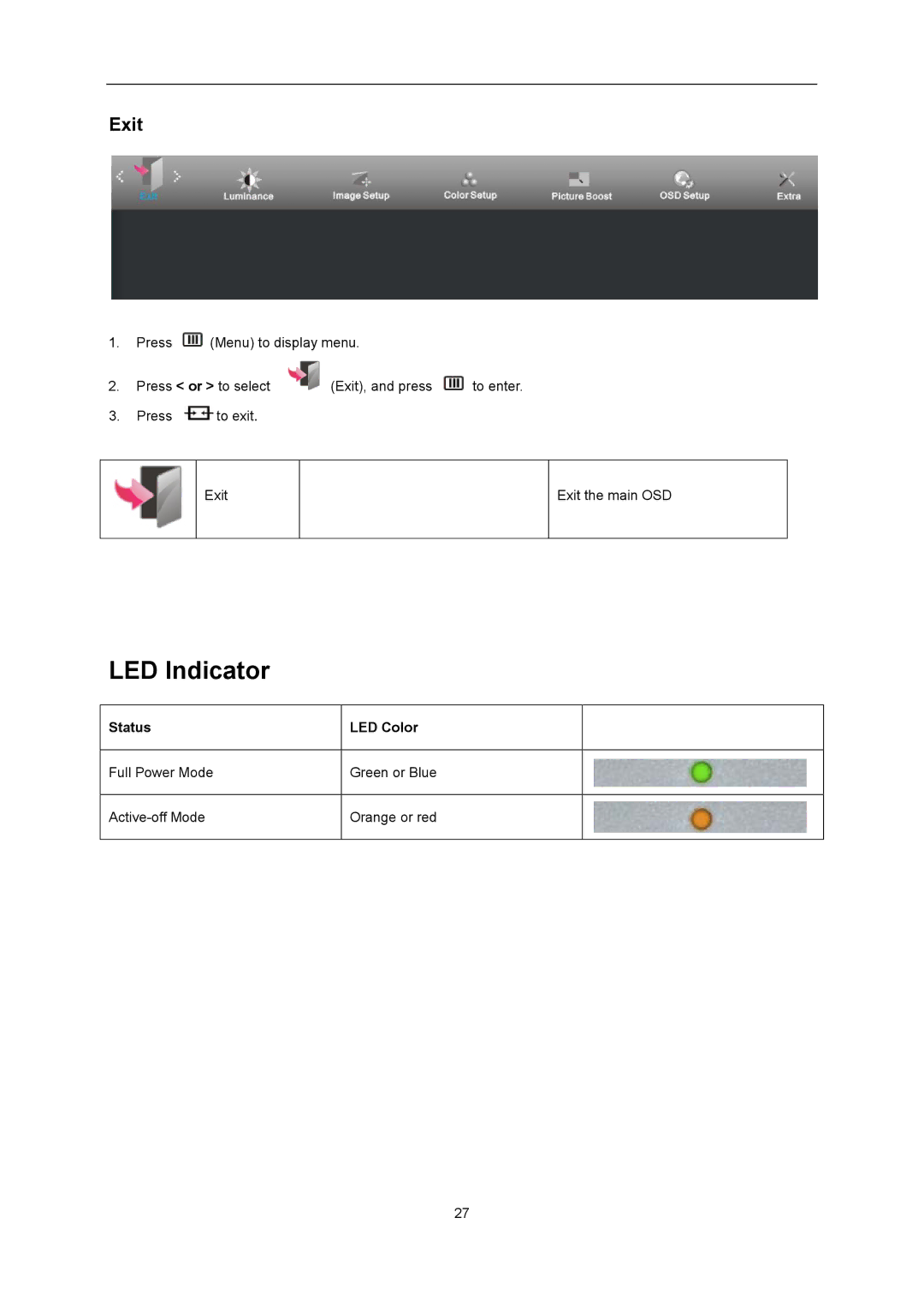 AOC G2460Pqu user manual LED Indicator, Exit 