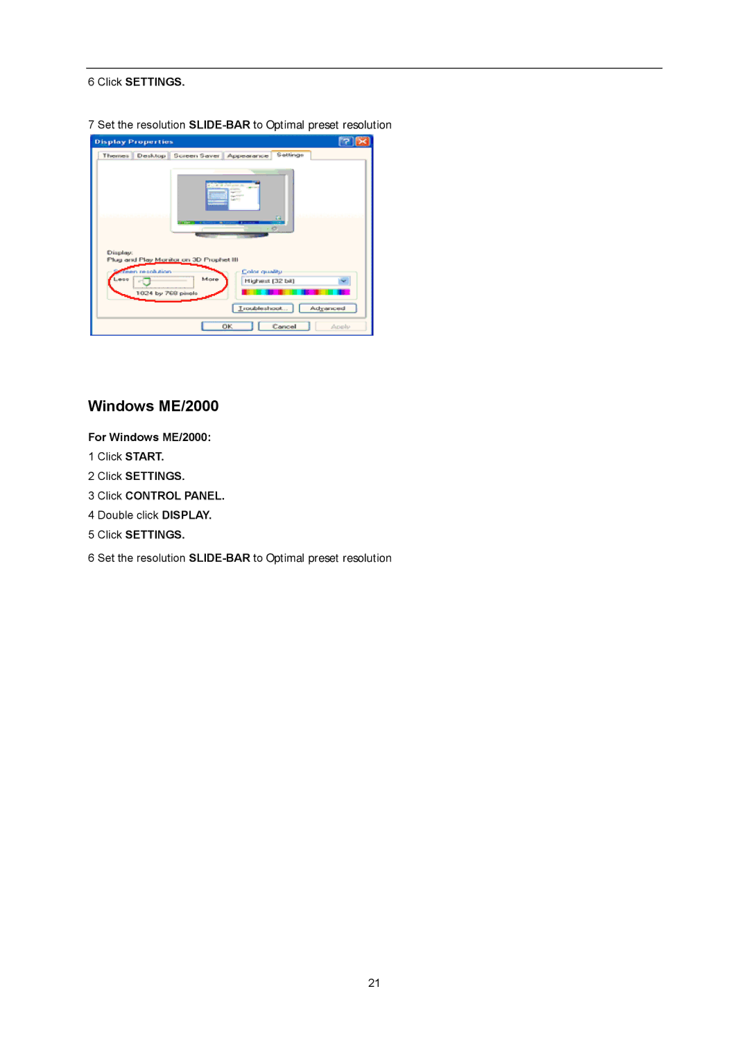 AOC I2276VWM manual For Windows ME/2000, Click Settings Click Control Panel 