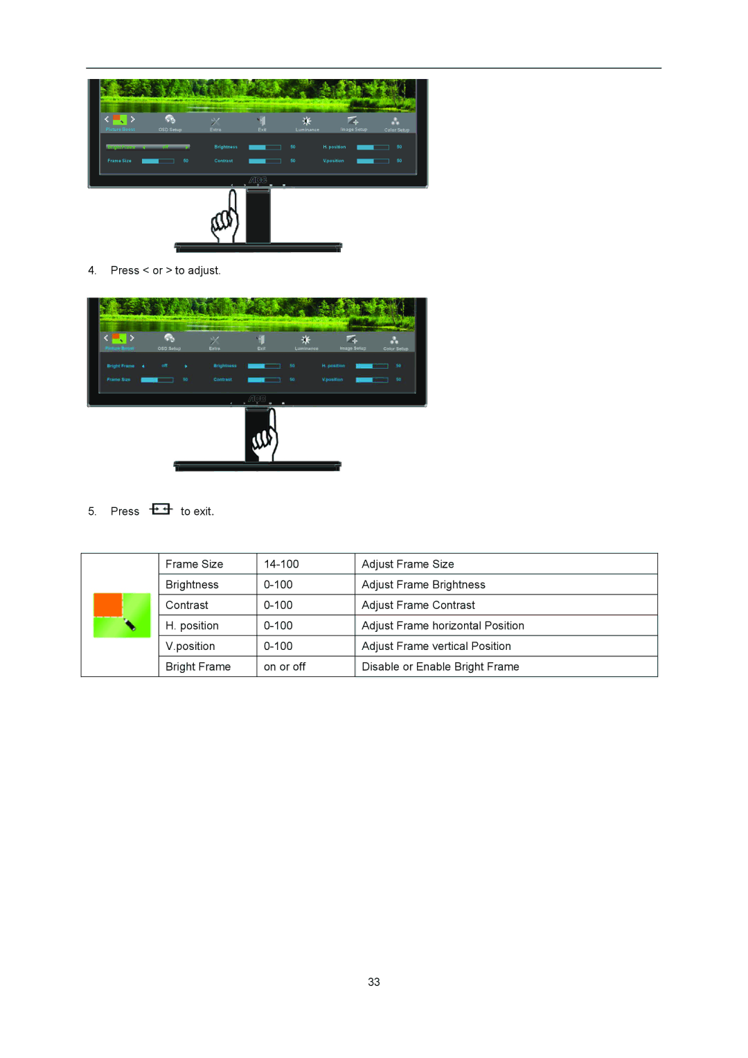 AOC I2276VWM manual OSD Setup Extra Exit 