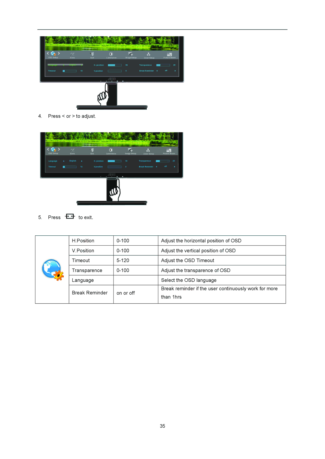 AOC I2276VWM manual Extra Exit Luminance 