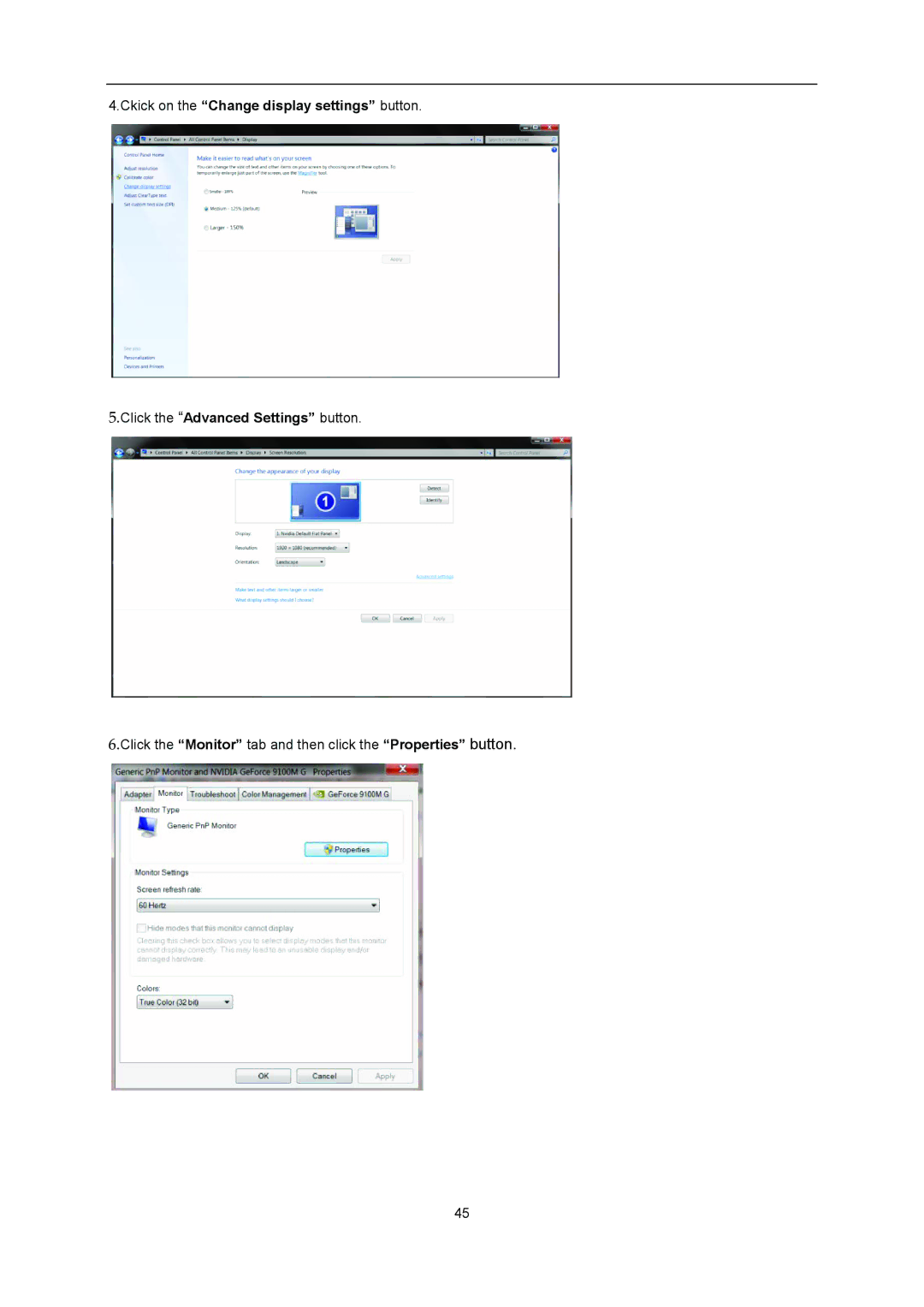 AOC I2276VWM manual Click the Monitor tab and then click the Properties button 