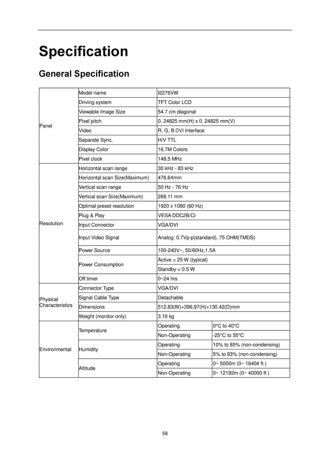 AOC I2276VWM manual General Specification 