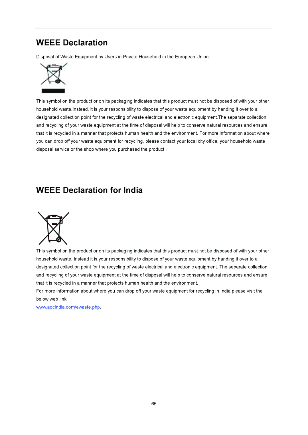 AOC I2276VWM manual Weee Declaration for India 