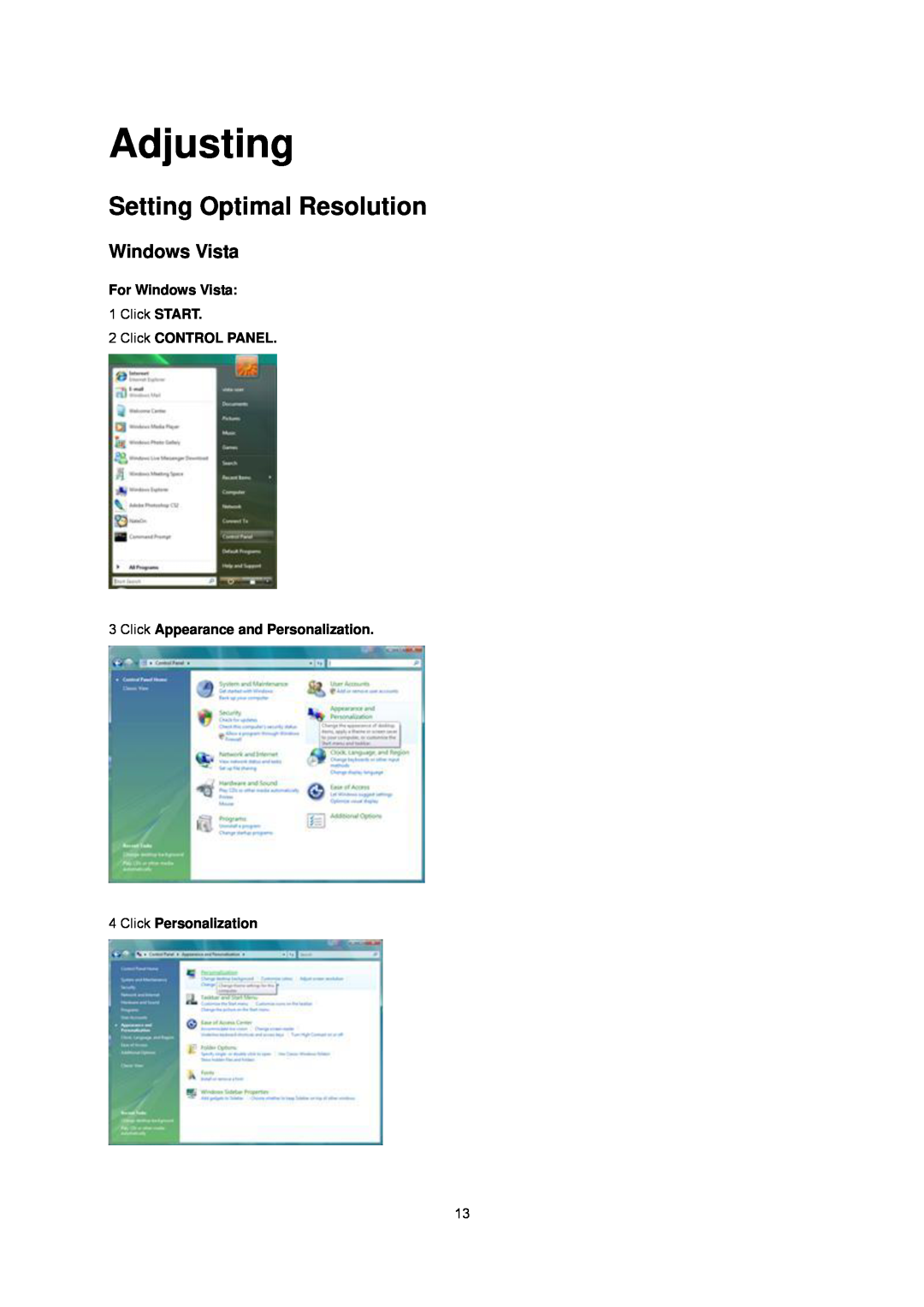 AOC i2340Ve manual Adjusting, Setting Optimal Resolution, Windows Vista 
