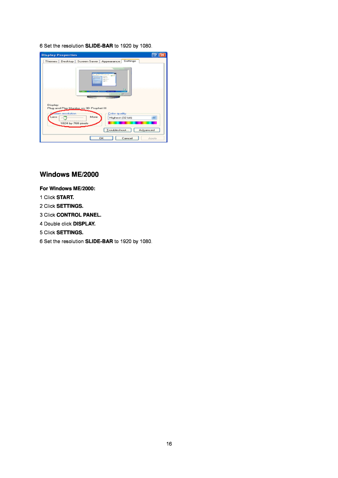 AOC i2340Ve manual For Windows ME/2000, Click SETTINGS 3 Click CONTROL PANEL 