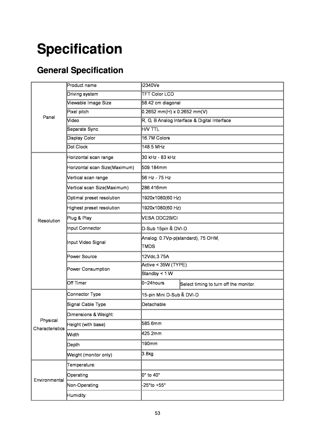 AOC i2340Ve manual General Specification 