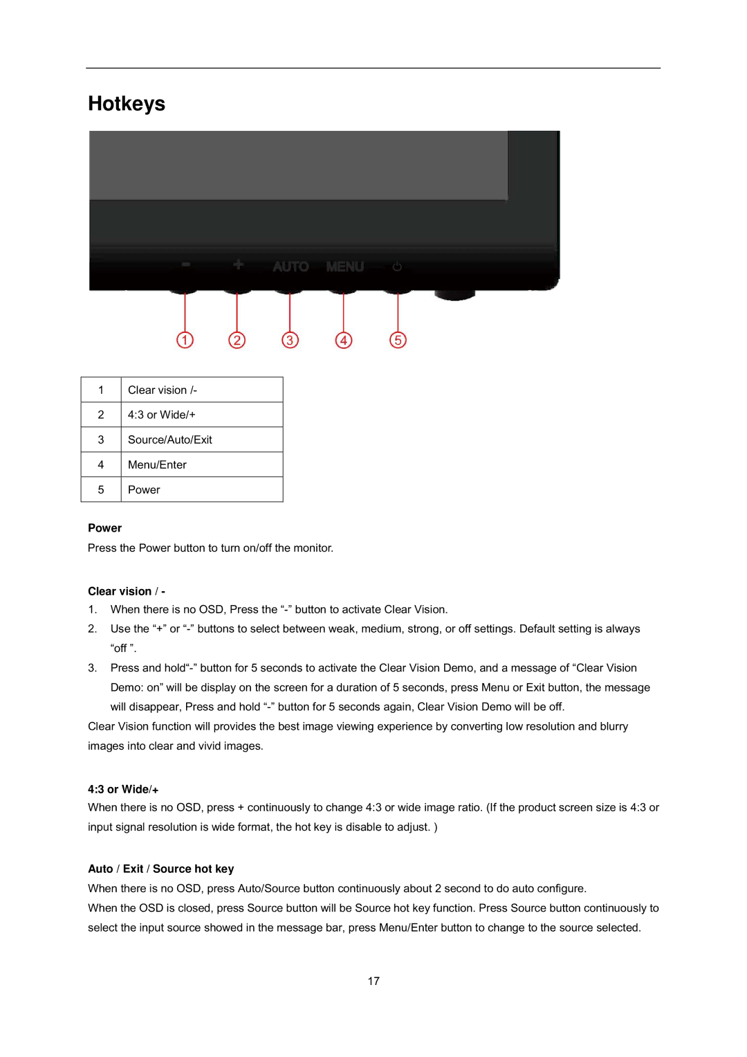 AOC i2352Ve user manual Hotkeys, Clear vision 