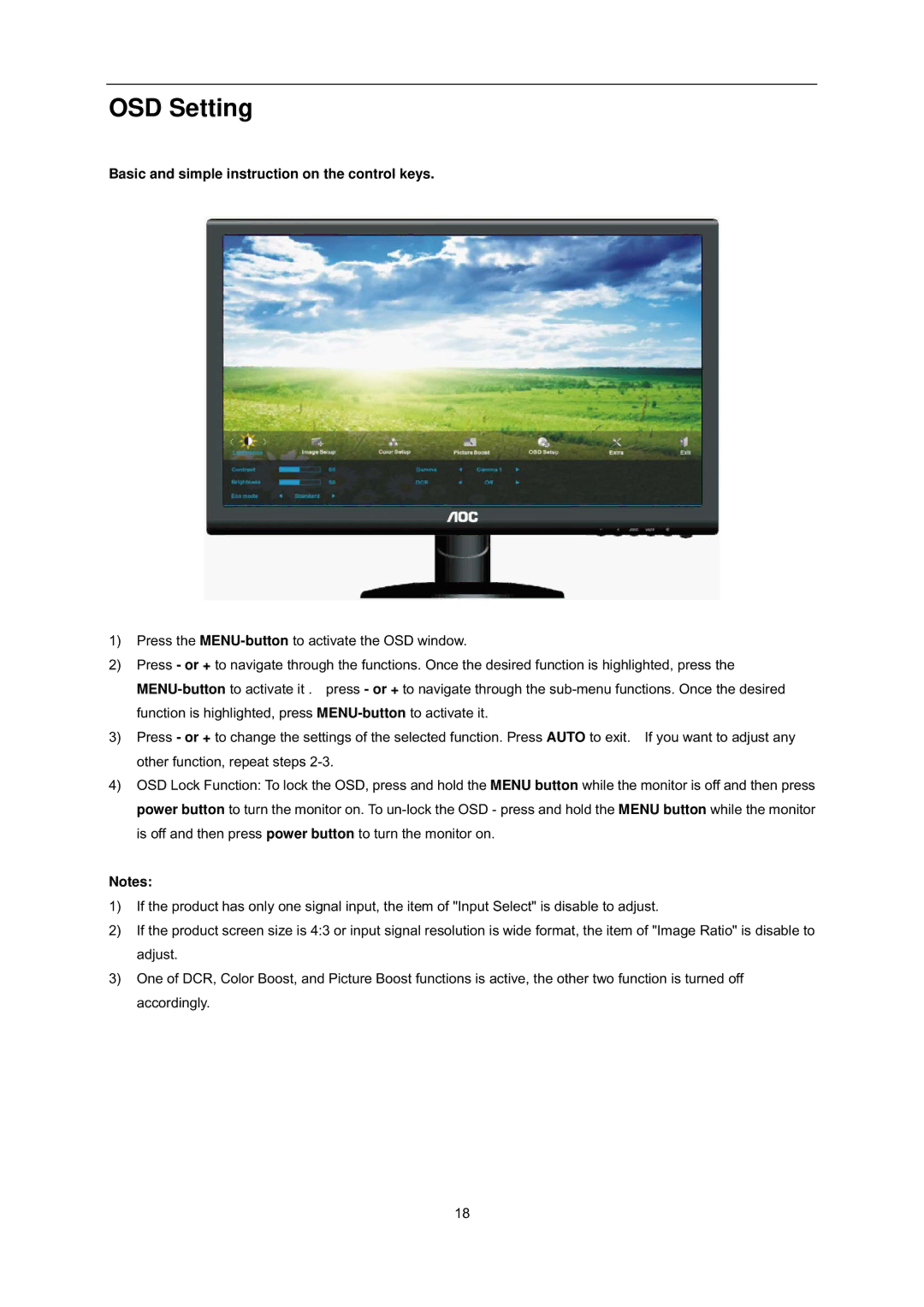 AOC i2352Ve user manual OSD Setting, Basic and simple instruction on the control keys 