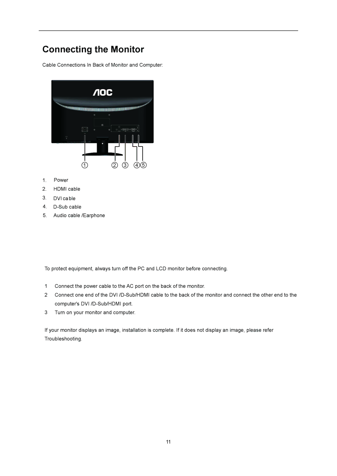 AOC i2352Vh user manual Connecting the Monitor 