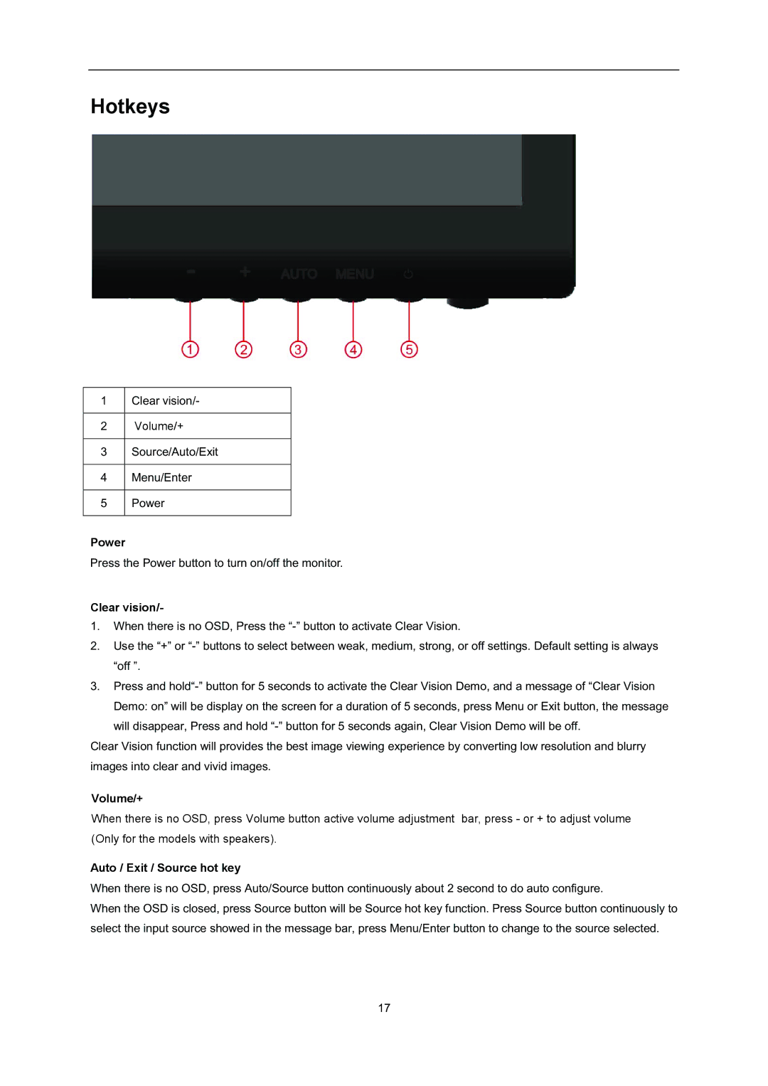 AOC i2352Vh user manual Hotkeys, Clear vision 