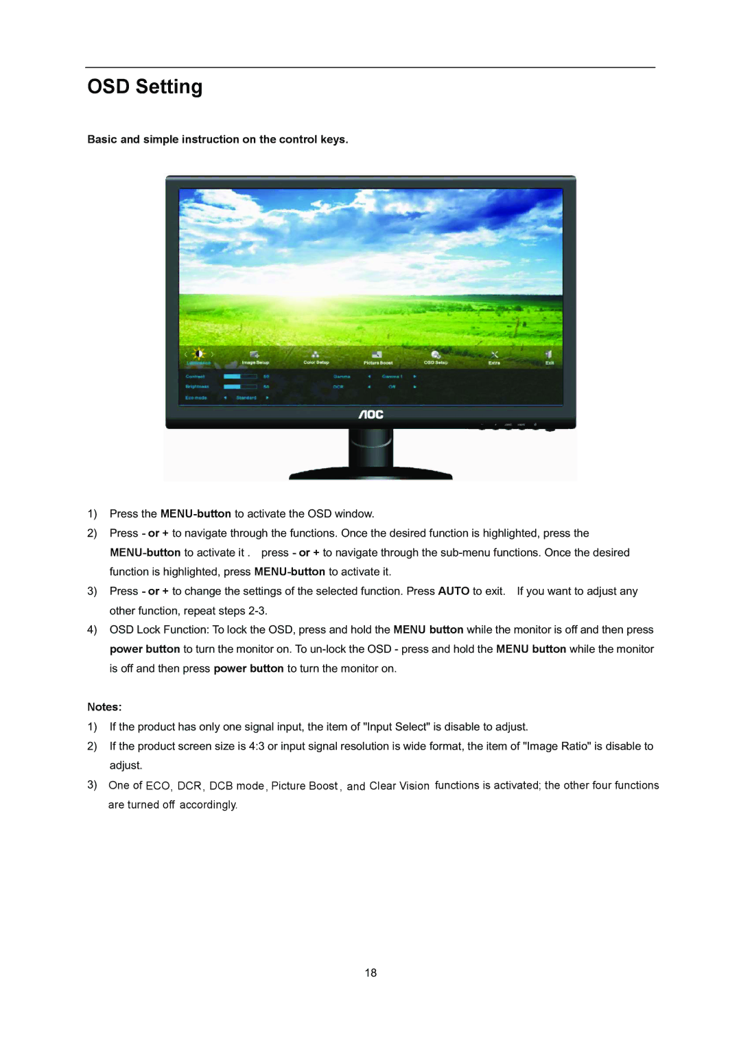 AOC i2352Vh user manual OSD Setting, Basic and simple instruction on the control keys 