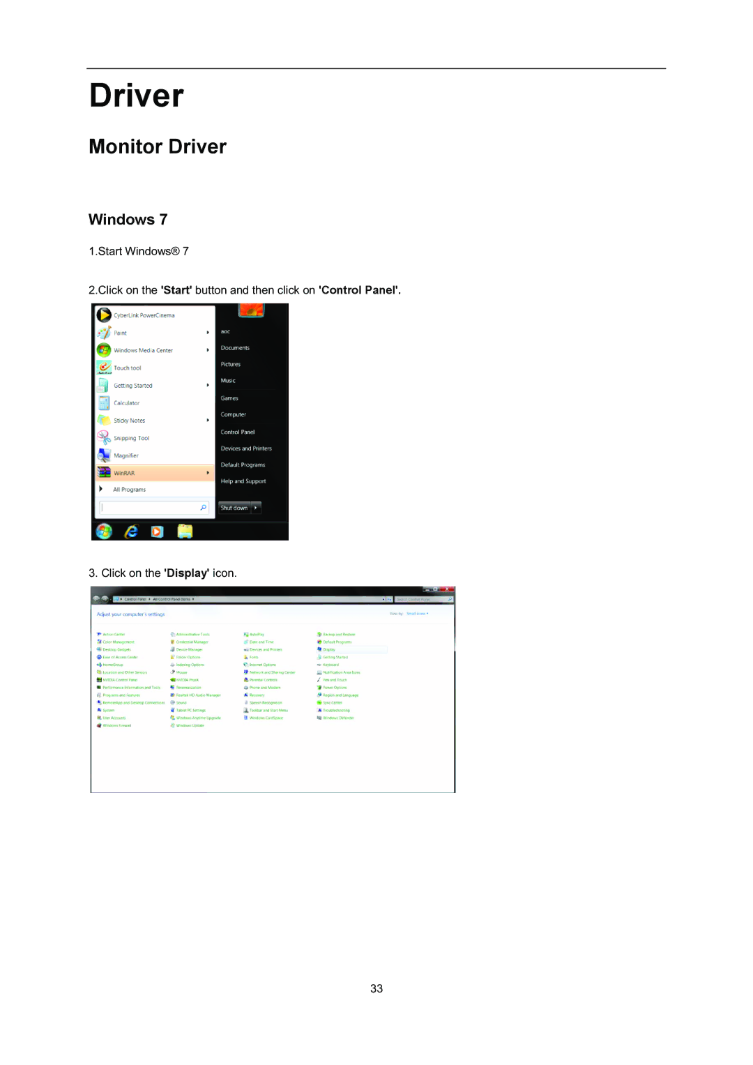 AOC i2352Vh user manual Monitor Driver, Windows 