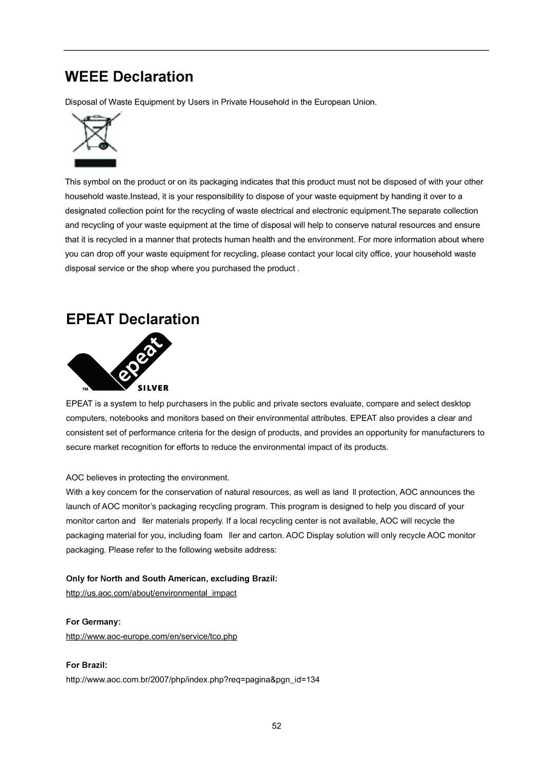 AOC i2352Vh user manual Weee Declaration, Epeat Declaration 