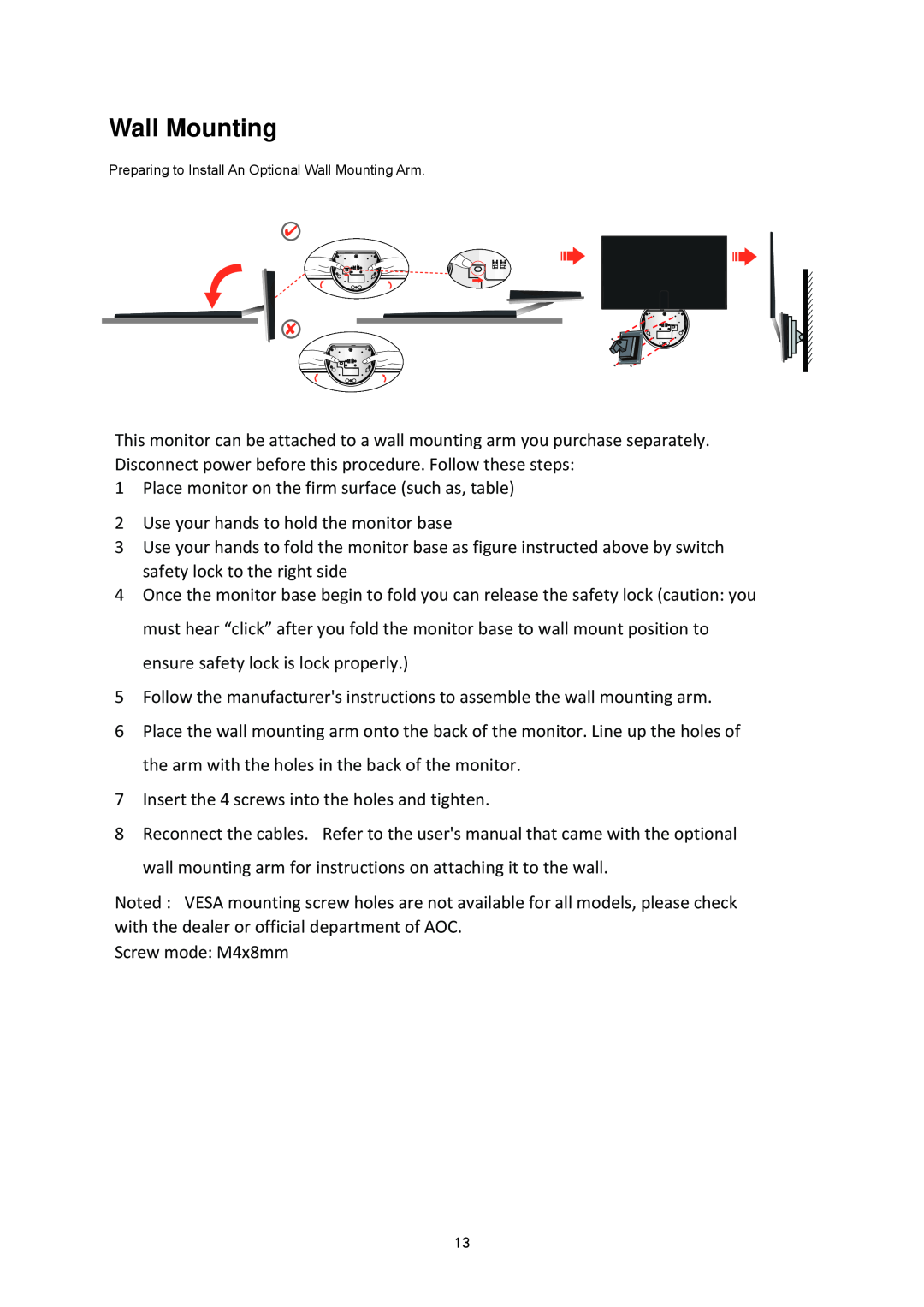 AOC i2353 manual Wall Mounting 