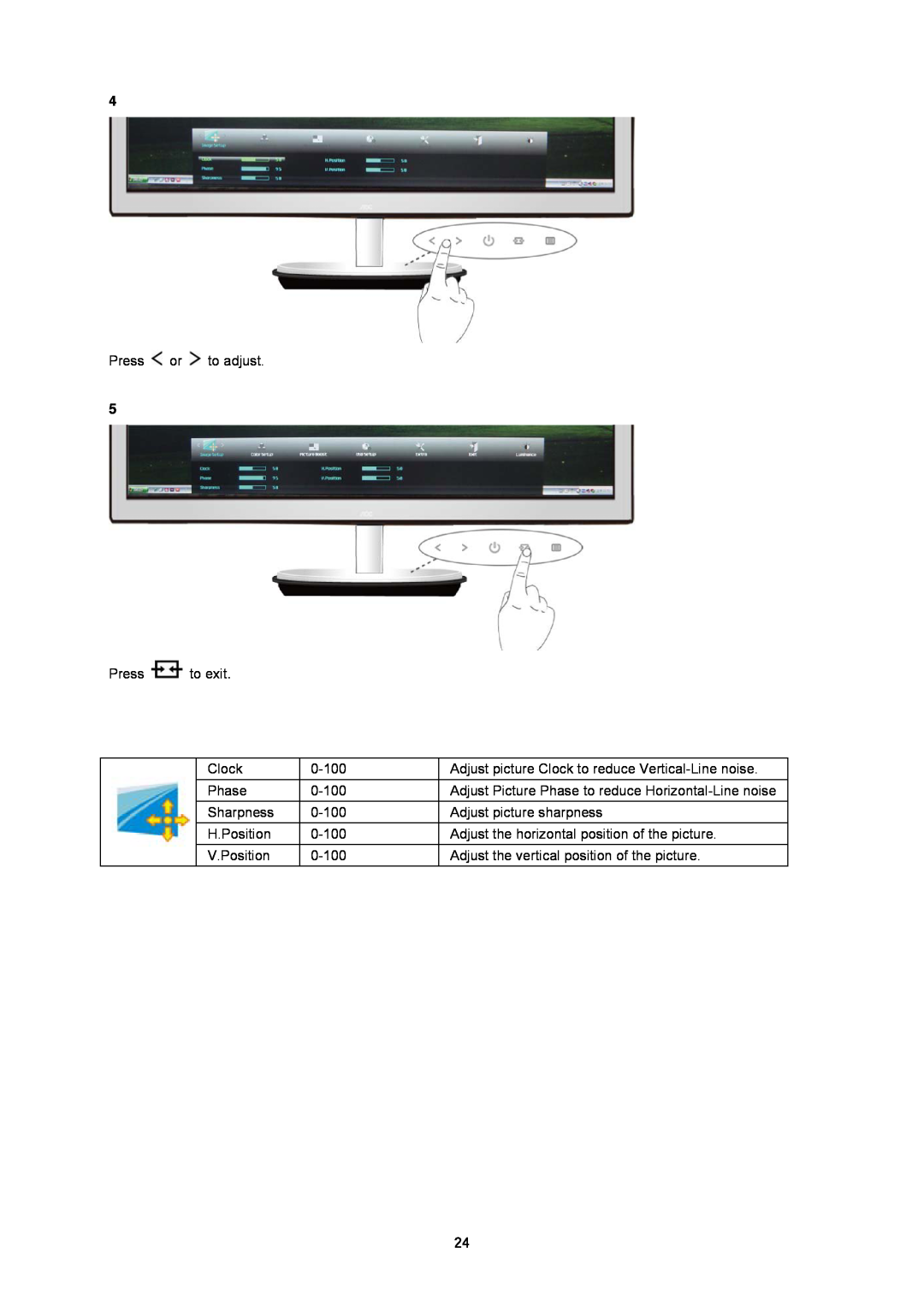 AOC i2353 manual Press or to adjust, Press to exit, 0-100, Adjust picture Clock to reduce Vertical-Line noise, Phase 