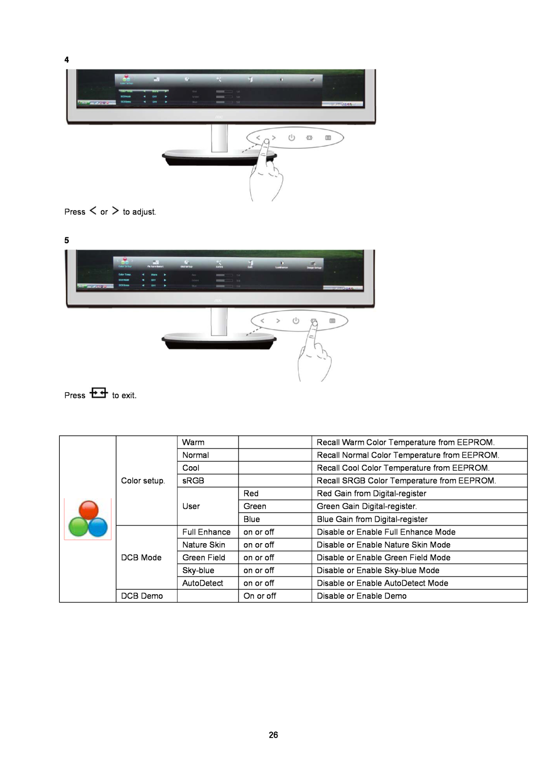 AOC i2353 Press or to adjust, Press to exit, Recall Warm Color Temperature from EEPROM, Normal, Cool, Color setup 