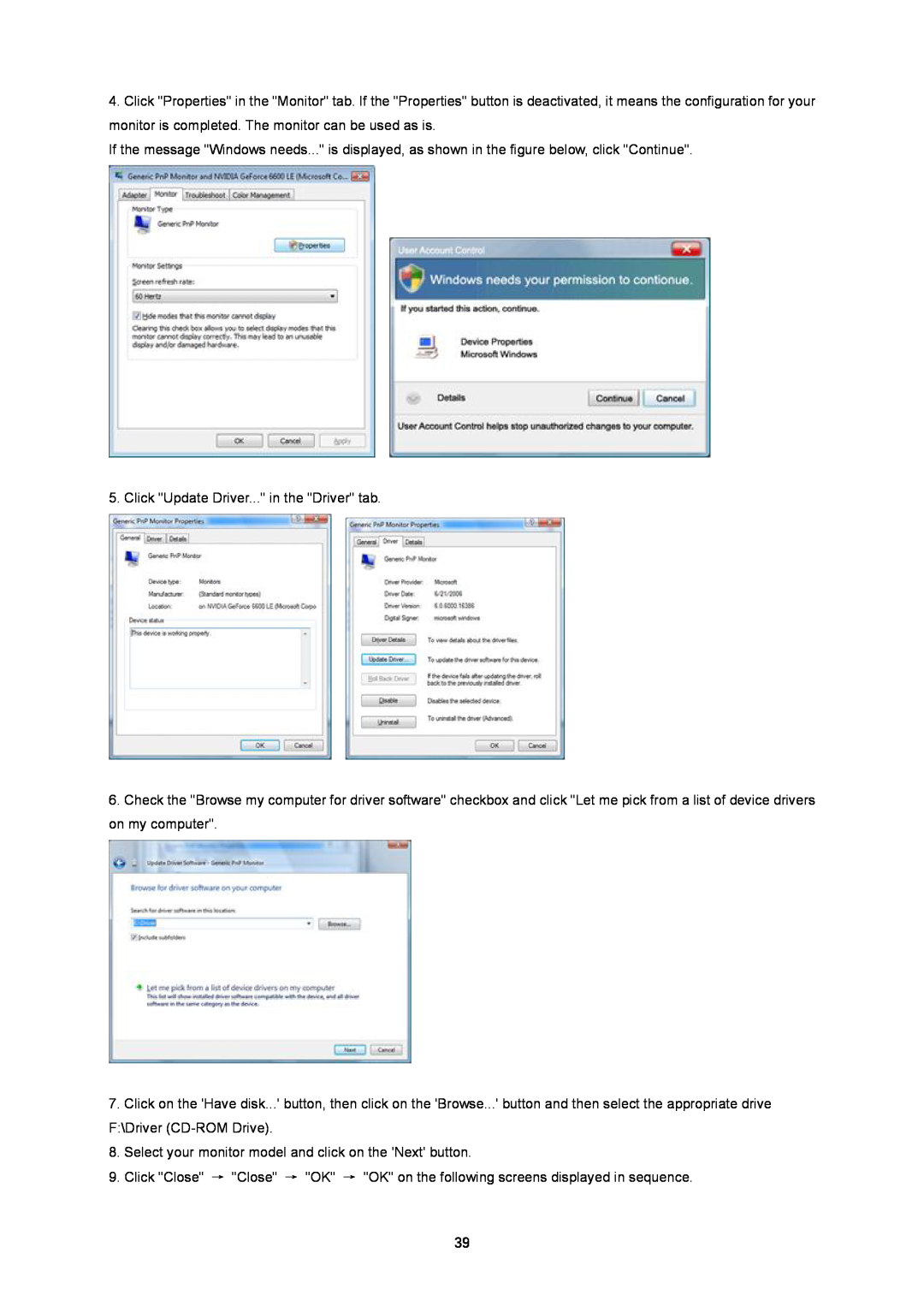 AOC i2353 manual Click Update Driver... in the Driver tab, Select your monitor model and click on the Next button 