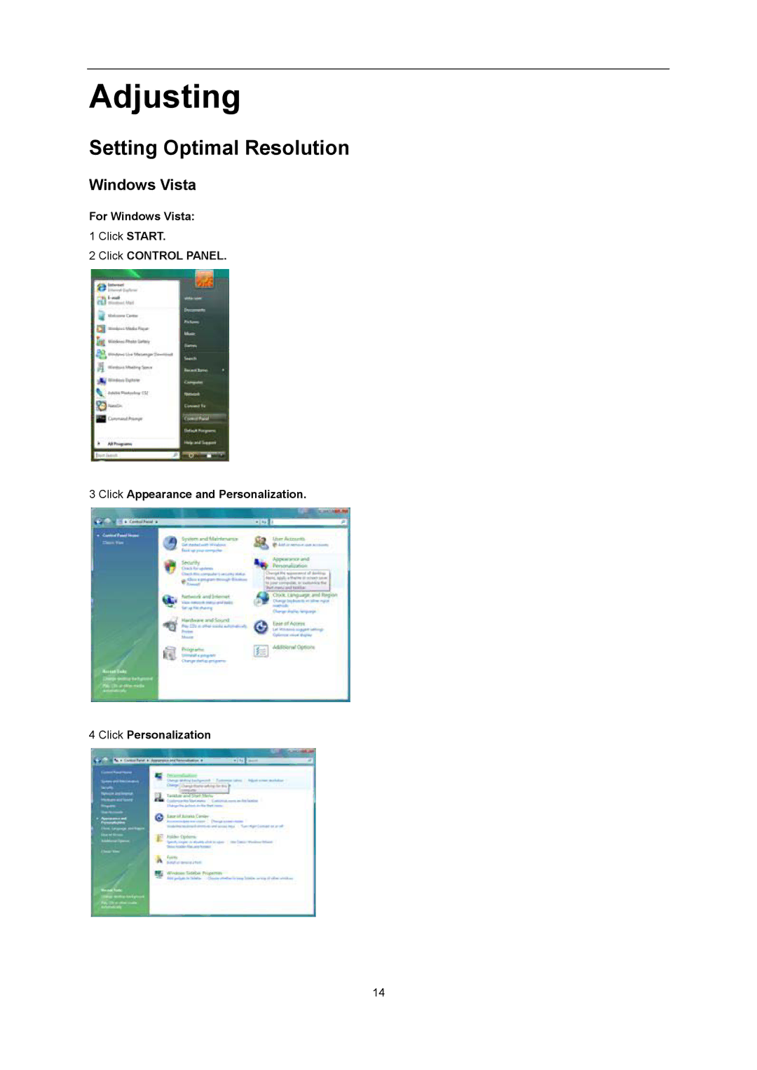 AOC I2367FH user manual Adjusting, Setting Optimal Resolution, Windows Vista 