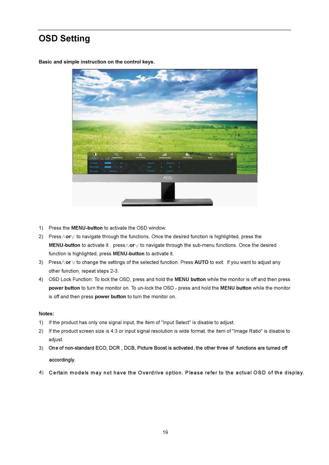 AOC I2367FH user manual OSD Setting, Basic and simple instruction on the control keys 