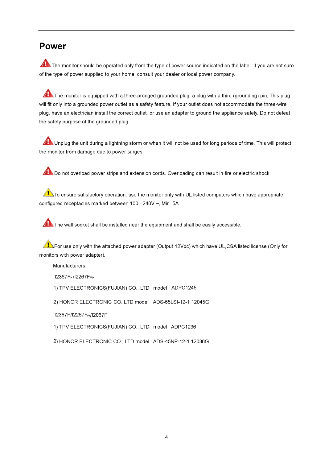 AOC I2367FH user manual Power 