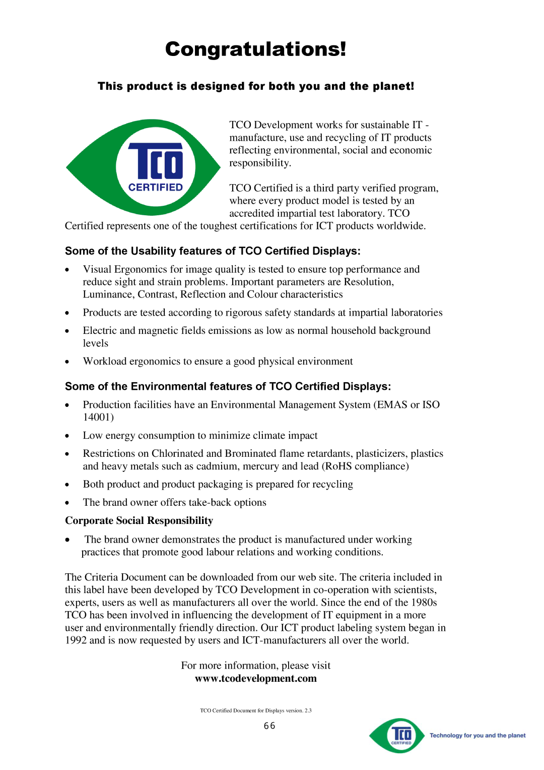 AOC I2367FH This product is designed for both you and the planet, Some of the Usability features of TCO Certified Displays 