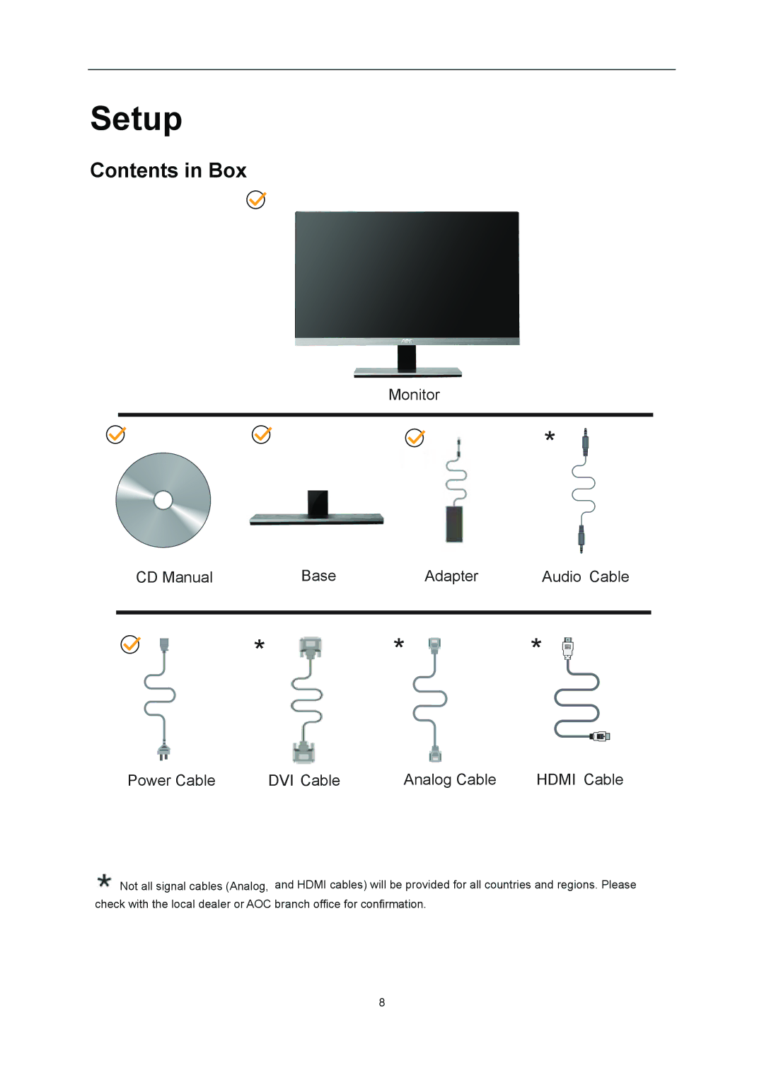 AOC I2367FH user manual Setup, Contents in Box 