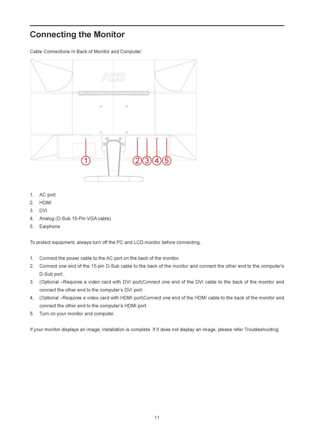 AOC I2778VHE6 user manual Connecting the Monitor, 12 3 4 