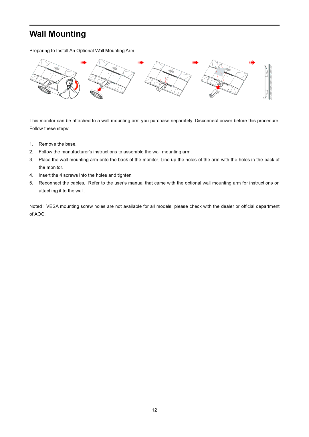 AOC I2778VHE6 user manual Wall Mounting 