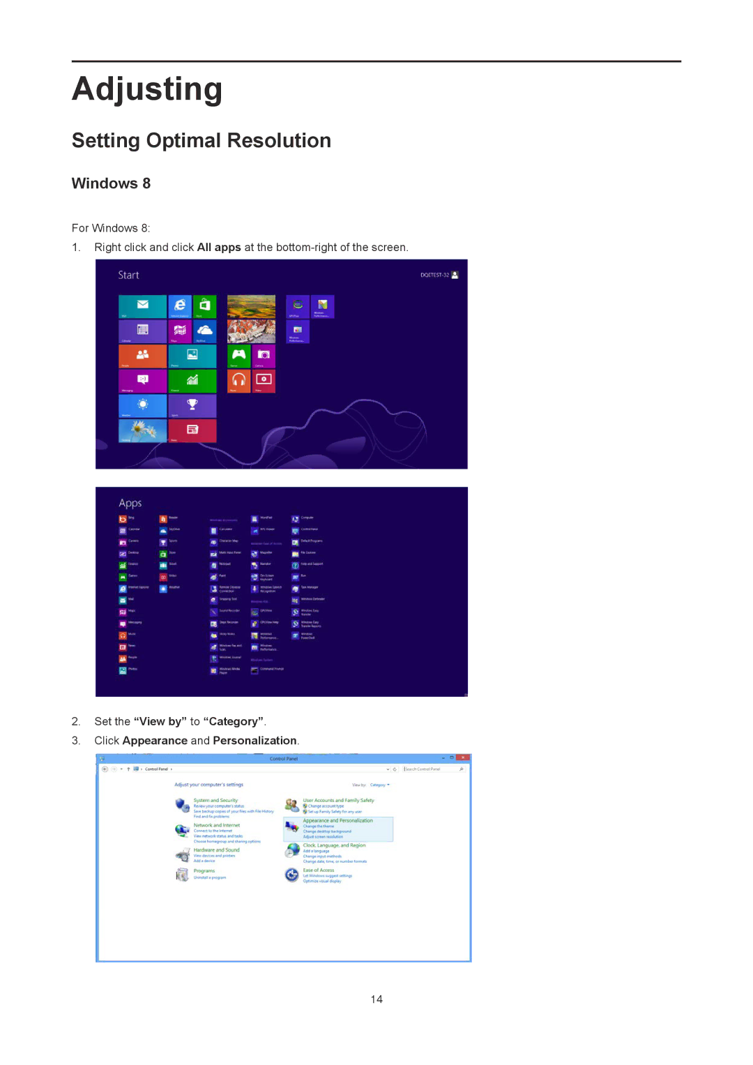 AOC I2778VHE6 user manual Adjusting, Setting Optimal Resolution, Windows 