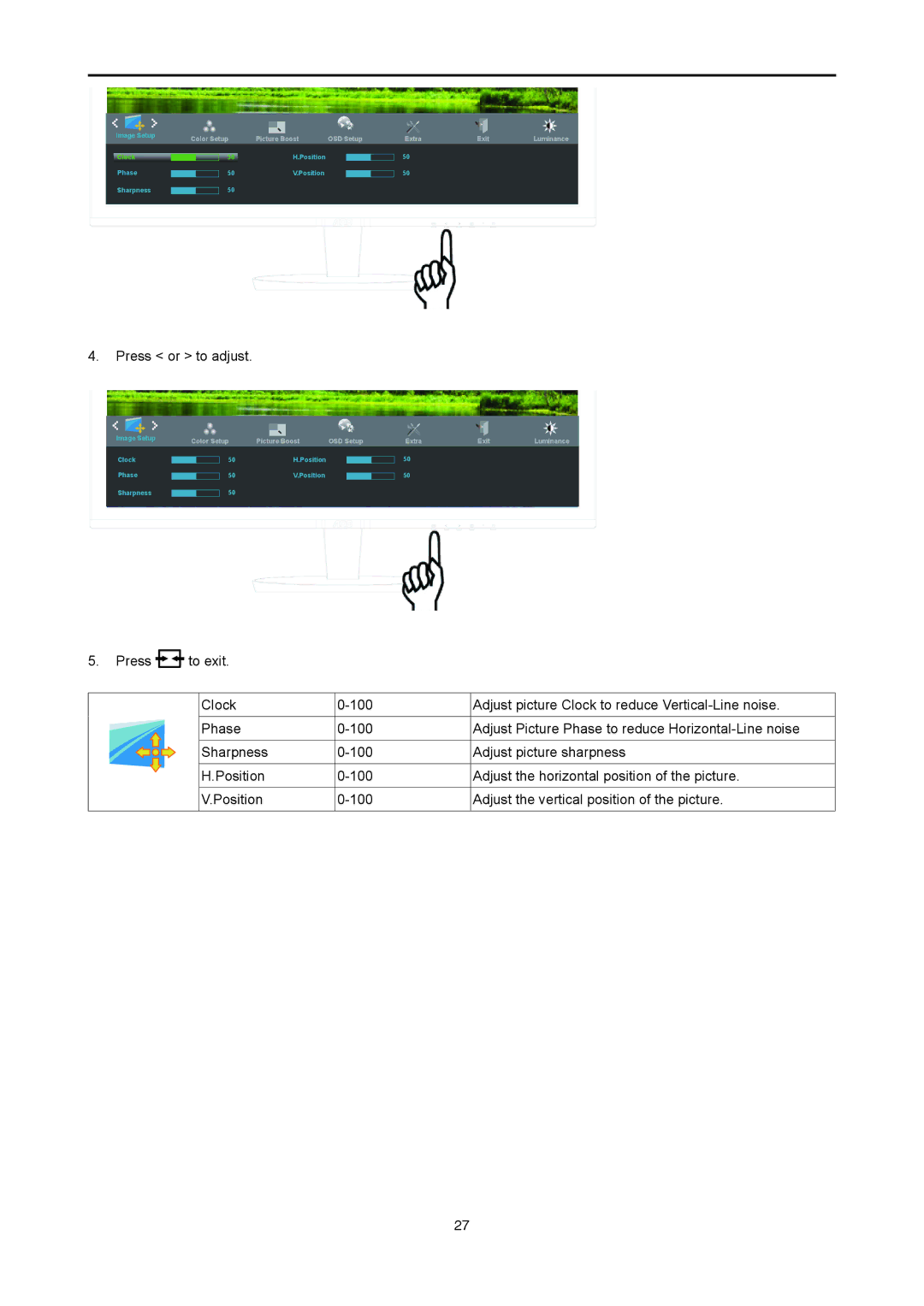 AOC I2778VHE6 user manual Press To exit Clock 