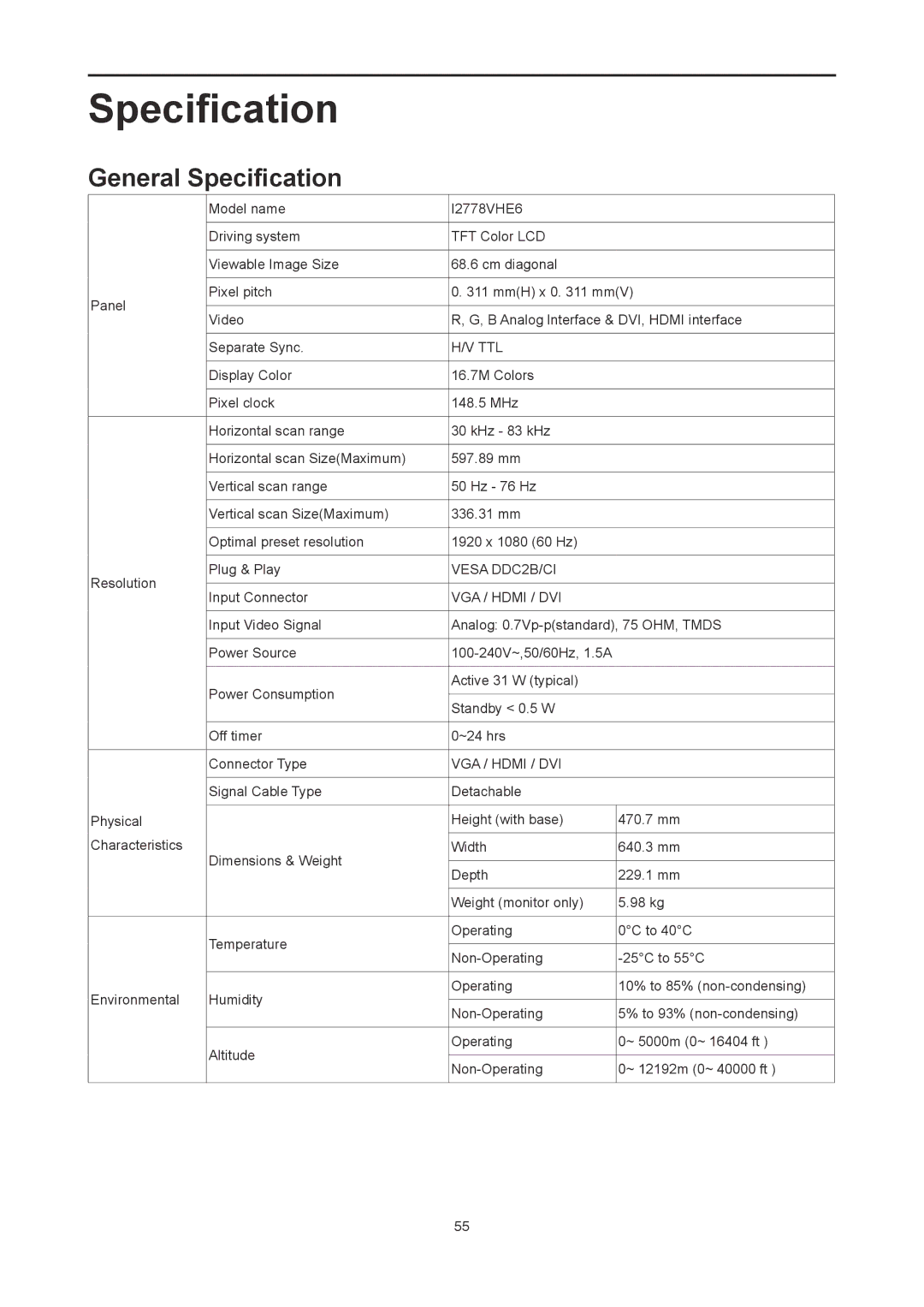 AOC I2778VHE6 user manual General Specification 