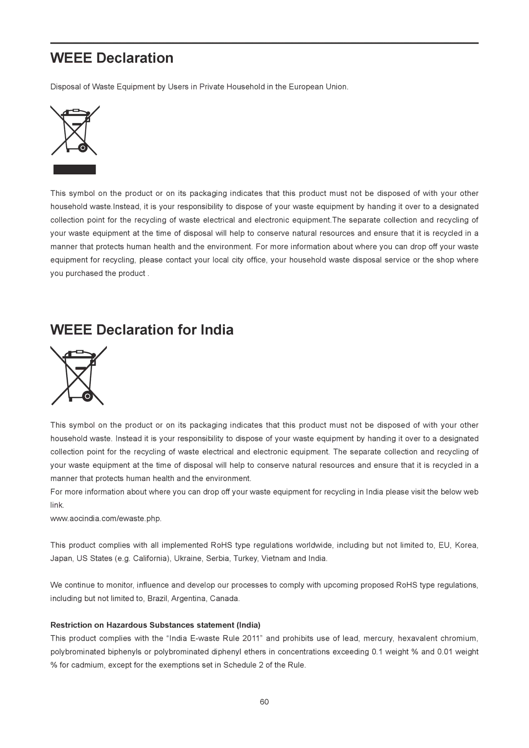 AOC I2778VHE6 user manual Weee Declaration for India 