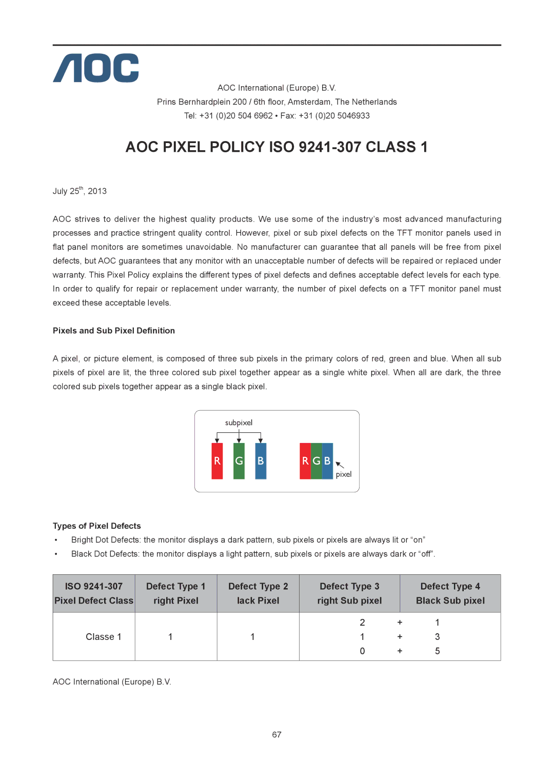 AOC I2778VHE6 user manual AOC Pixel Policy ISO 9241-307 Class 