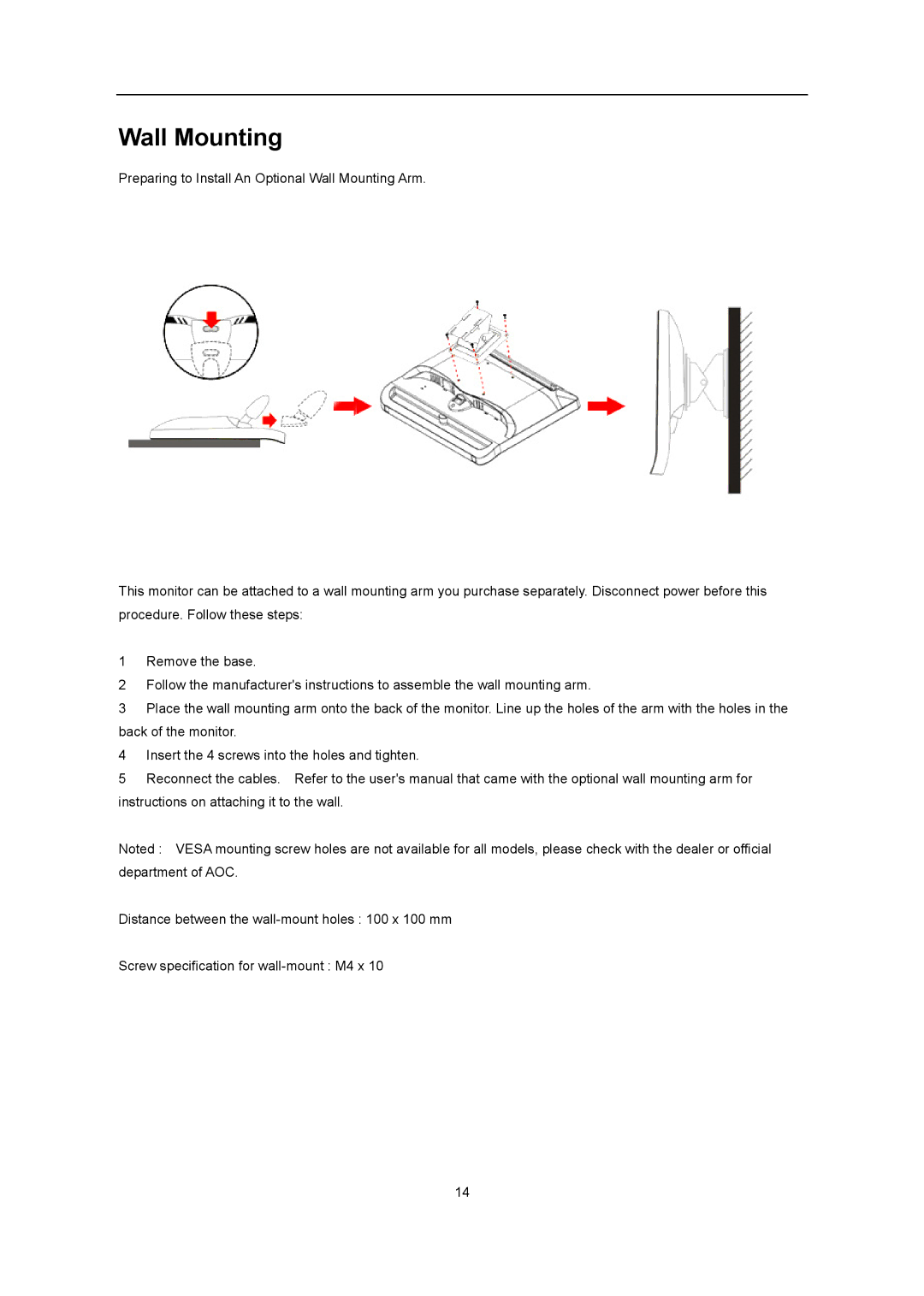 AOC iF23 user manual Wall Mounting 