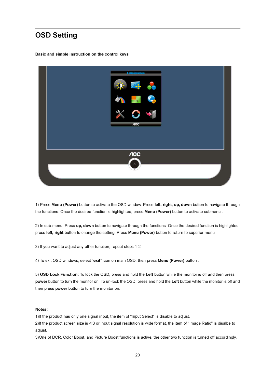 AOC iF23 user manual OSD Setting, Basic and simple instruction on the control keys 