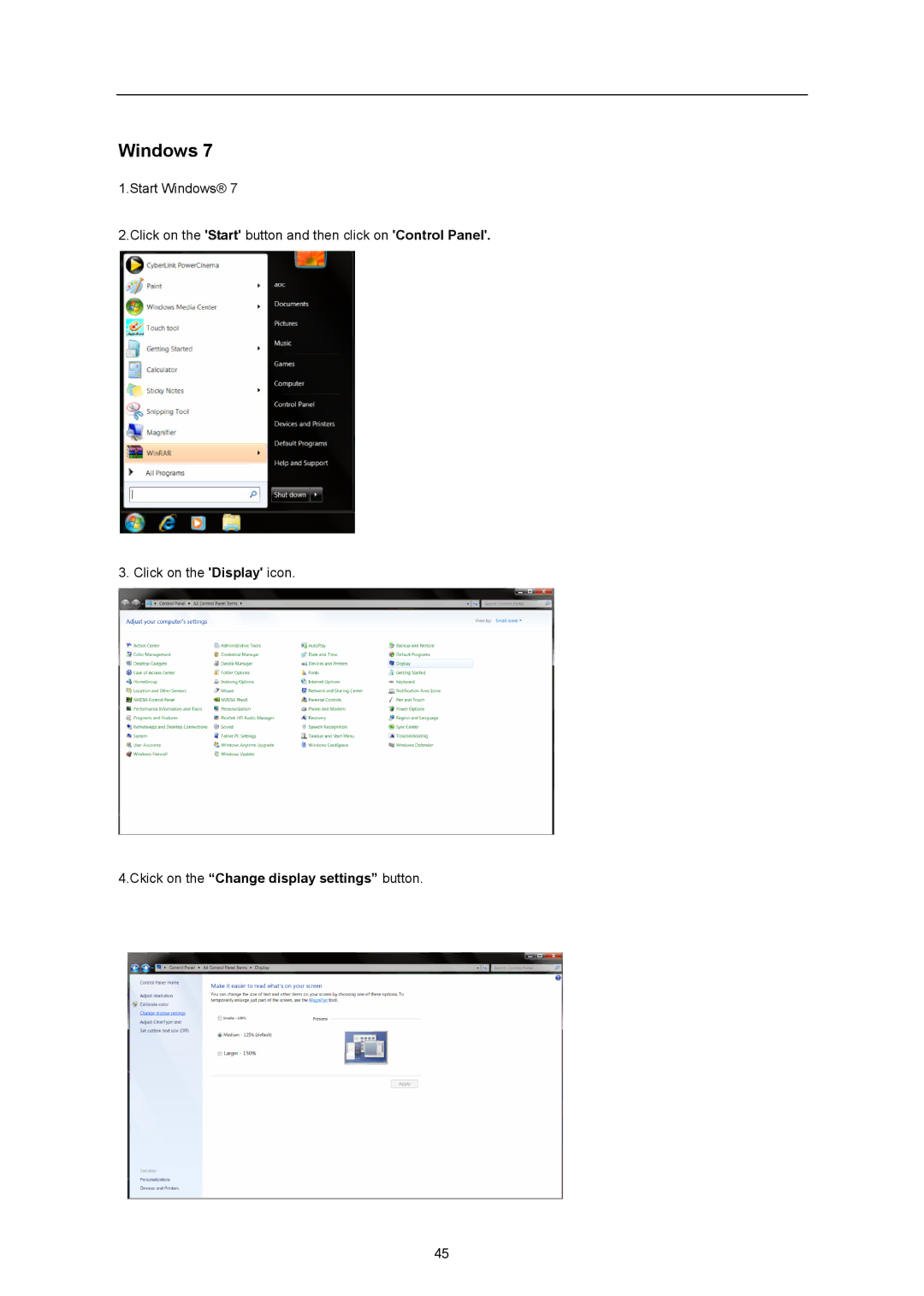 AOC iF23 user manual Windows, Ckick on the Change display settings button 