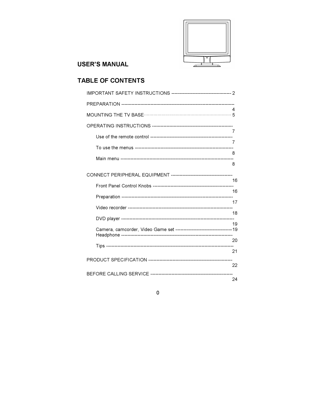 AOC L15X421, L20S421, L20W421 user manual Table of Contents 