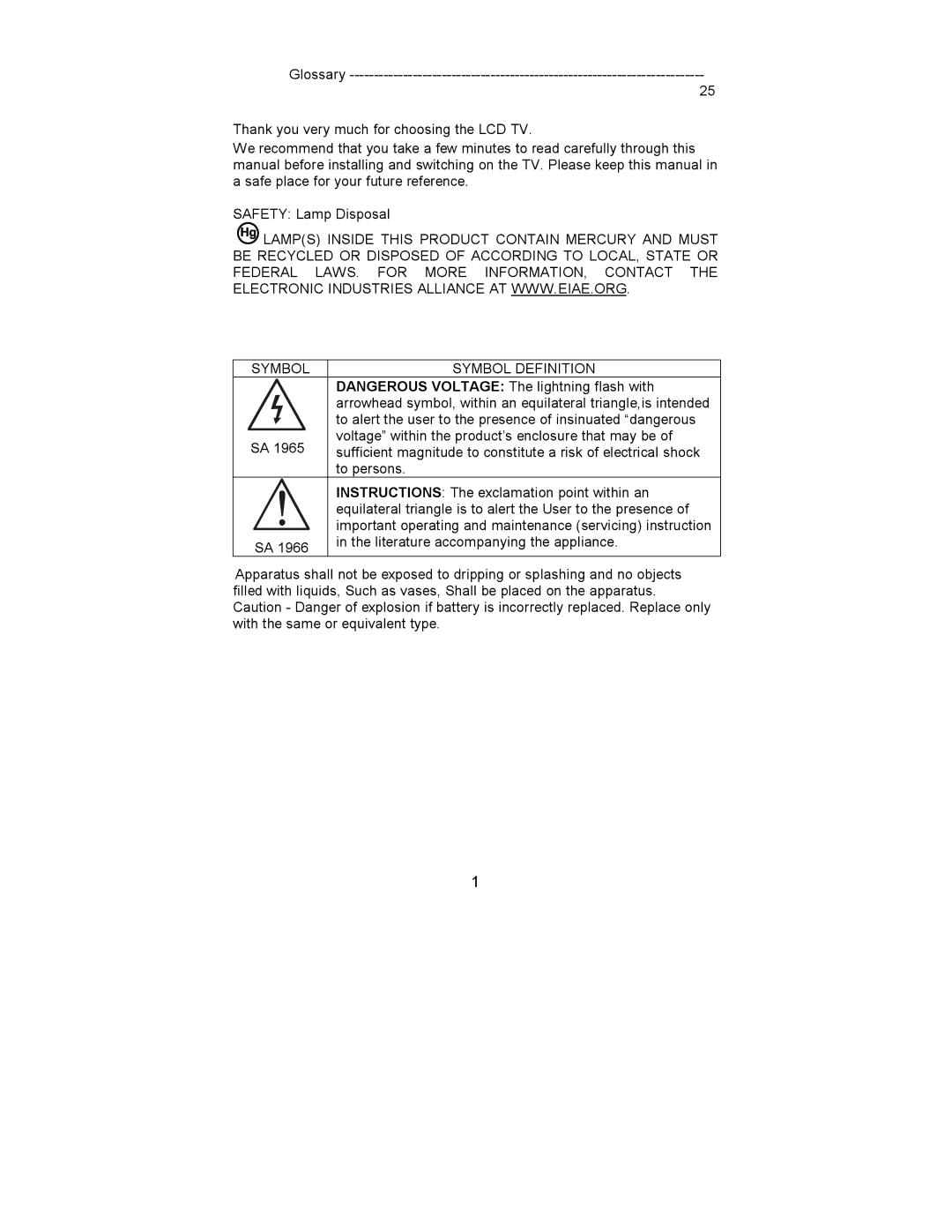 AOC L15X421, L20S421, L20W421 Lamps Inside this Product Contain Mercury and Must, Symbol Symbol Definition, Instructions 