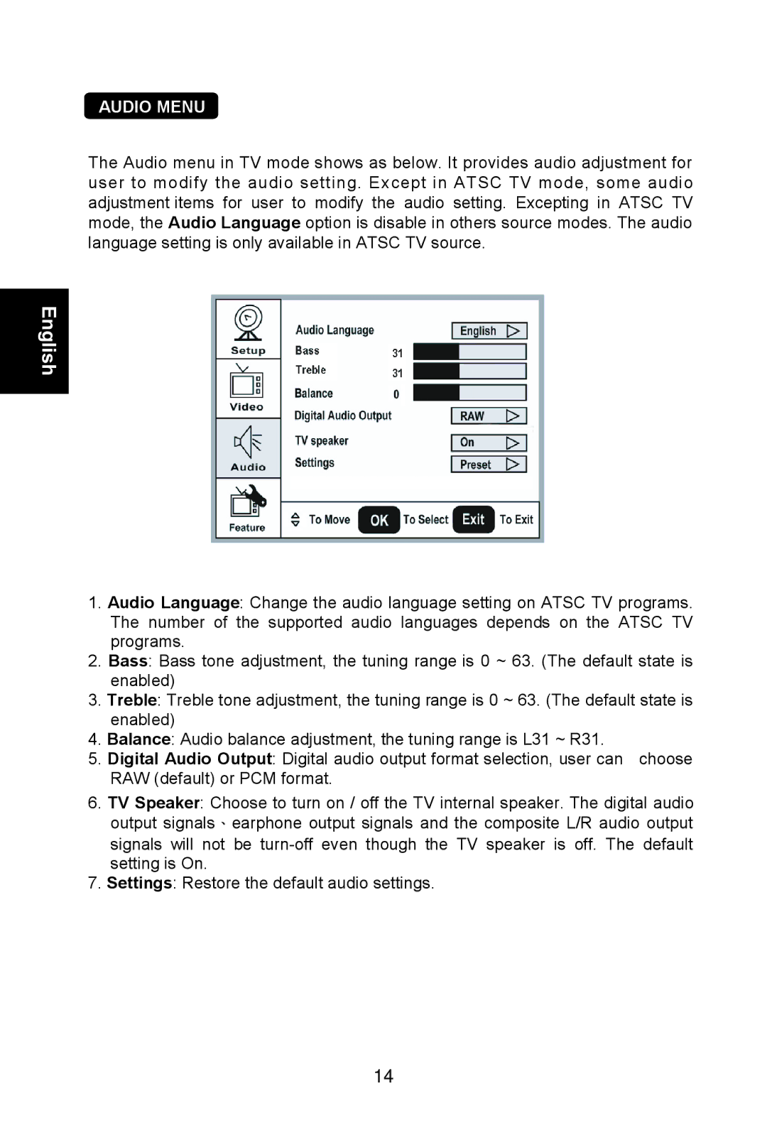 AOC L22W761, L19W761 manual Audio Menu 