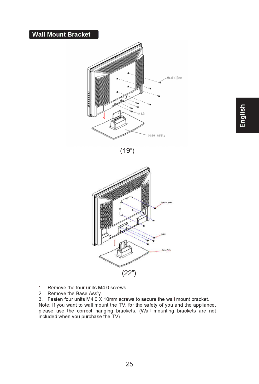 AOC L19W761, L22W761 manual Wall Mount Bracket 