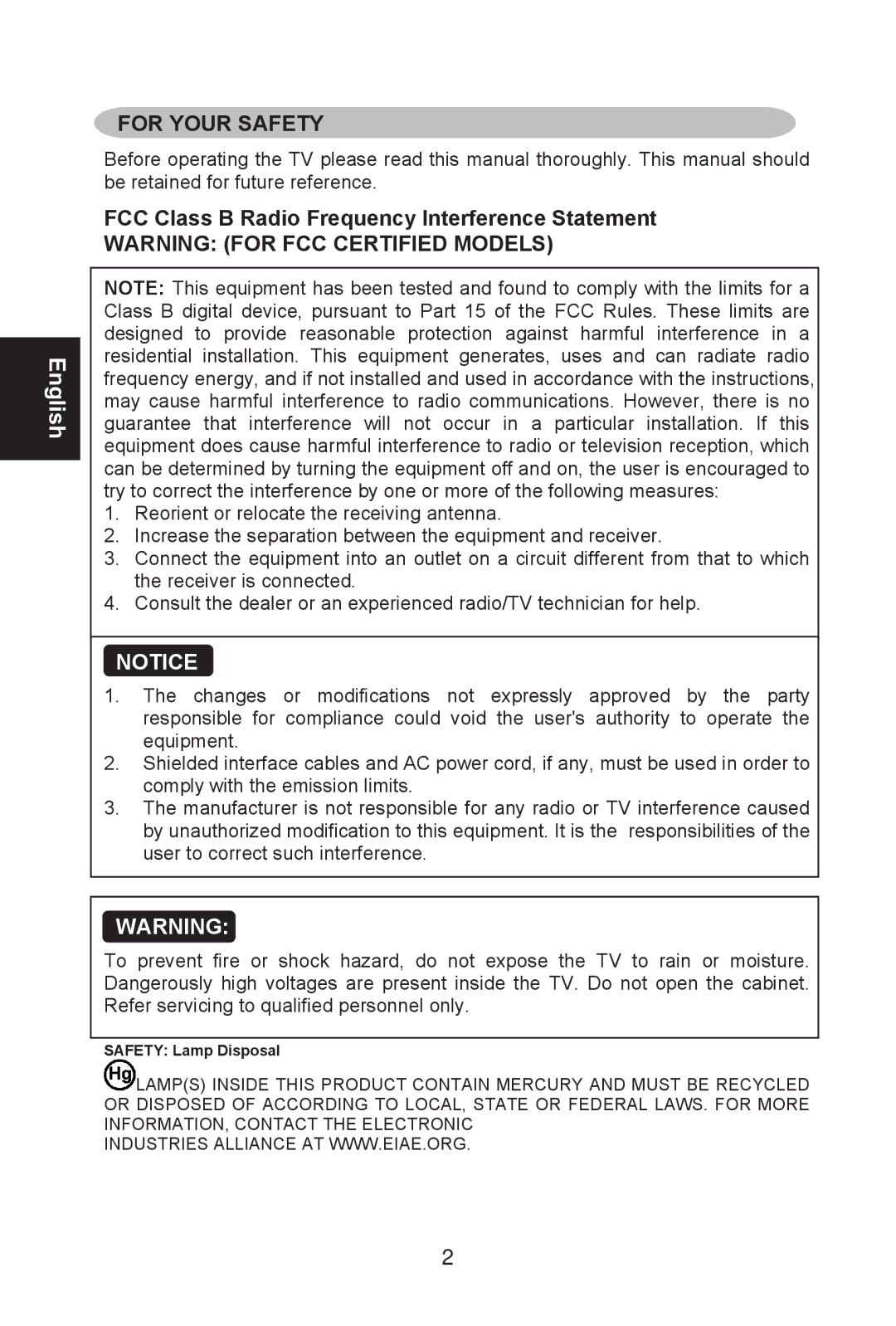 AOC L22W761, L19W761 manual For Your Safety, FCC Class B Radio Frequency Interference Statement 