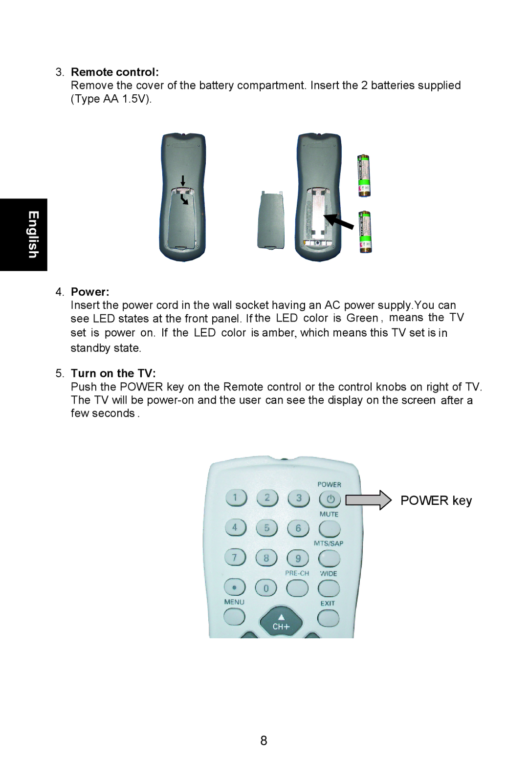 AOC L22W761, L19W761 manual Remote control, Power, Turn on the TV 