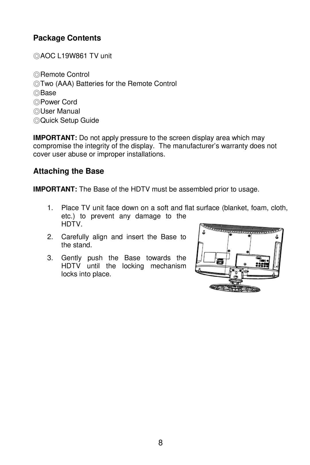 AOC L19W861 manual Package Contents, Attaching the Base 