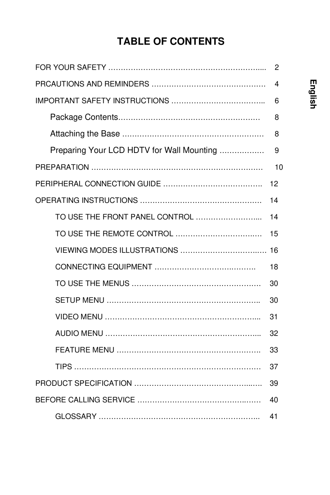 AOC L19W861 manual Table of Contents 