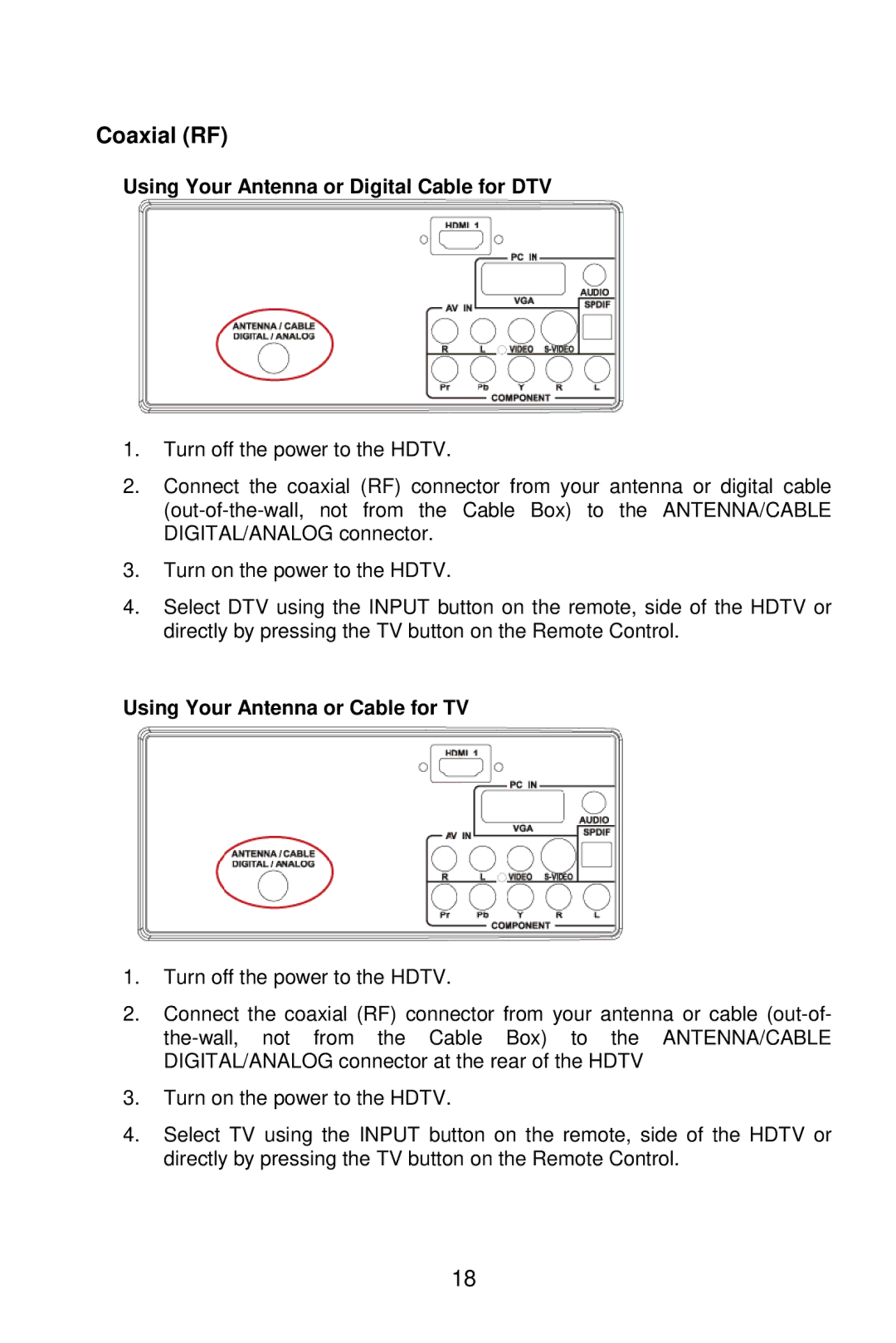 AOC L19W861 manual Coaxial RF, Using Your Antenna or Digital Cable for DTV, Using Your Antenna or Cable for TV 