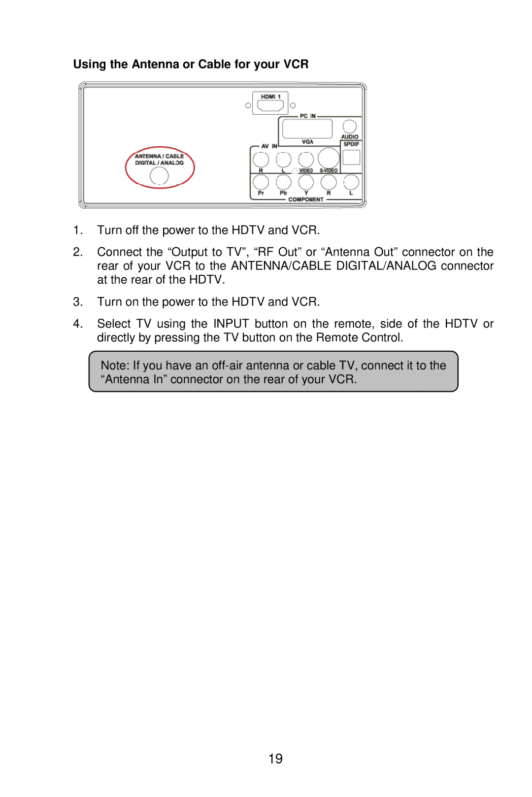 AOC L19W861 manual Using the Antenna or Cable for your VCR 