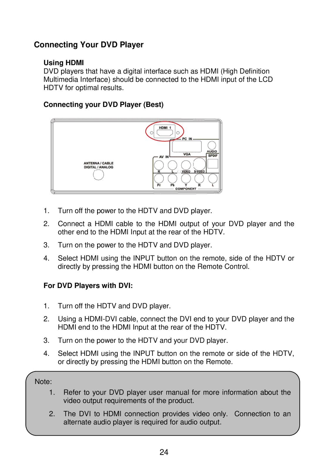 AOC L19W861 manual Connecting Your DVD Player, Connecting your DVD Player Best, For DVD Players with DVI 