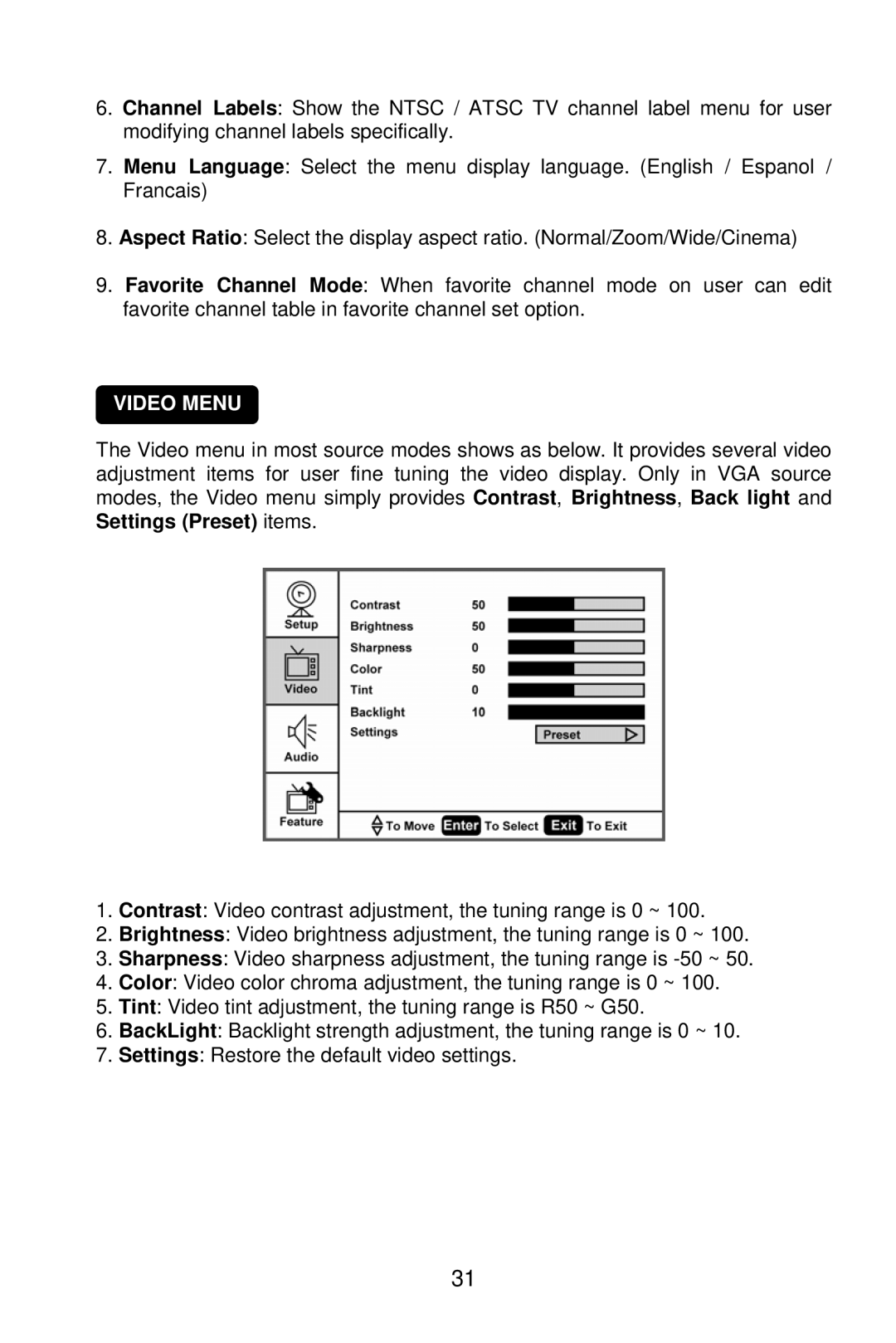 AOC L19W861 manual Video Menu 