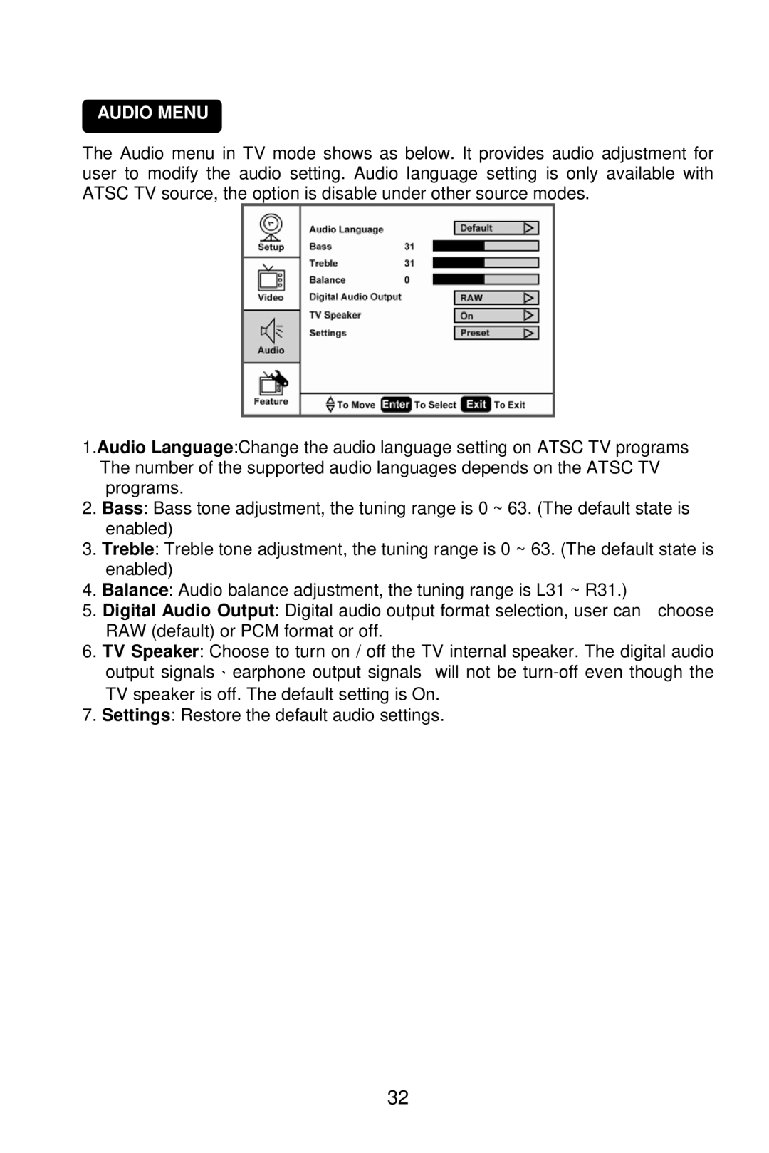 AOC L19W861 manual Audio Menu 